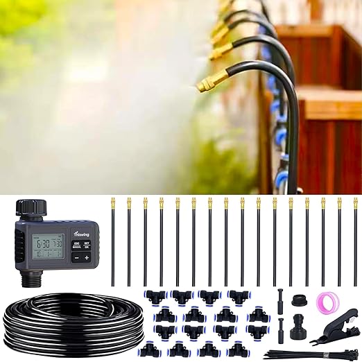 360° Adjustable Drip Irrigation System - 50FT Garden Watering Atomizing System with 16 Nozzles & Water Timer, Greenhouse Accessories for Yard, Lawn, Plants, Garden, 5/16 inches Hose
