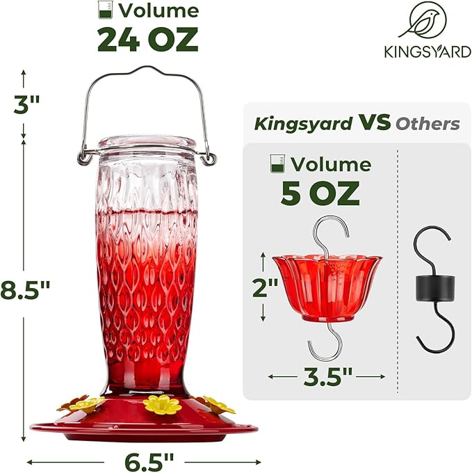 Kingsyard Hummingbird Feeders for Outdoors Hanging, 24 Ounce, Glass Hummingbird Feeder with Ant Moat & 6 Bee Guard Feeding Ports, Leak-Proof, Red Gradient