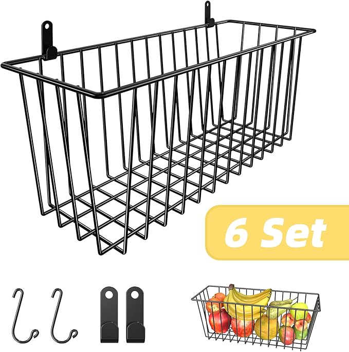 Simple Trending 6 Pack Wire Basket Wall Mount Baskets Hanging Baskets, Cabinets Organizer and Storage with Hooks for Kitchen, Garage and Bathroom