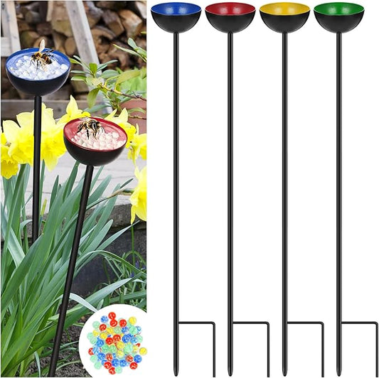 4 Pcs Bee Watering Station Butterfly Water Catcher Cups Small Insects Bee Feeders for Outside Feeding and Watering Metal Garden Stakes Garden Sculpture Decor