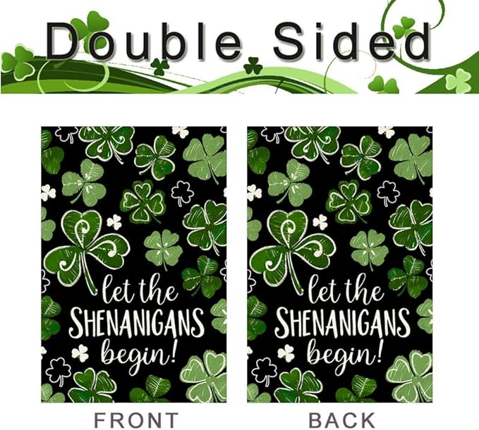 St Patricks Day House Flag 28x40 Inch Double Sided Outside, Let the Shenanigans Begin Shamrock Outdoor Large Garden Yard Flag Green Lucky Clover Holiday Decoration