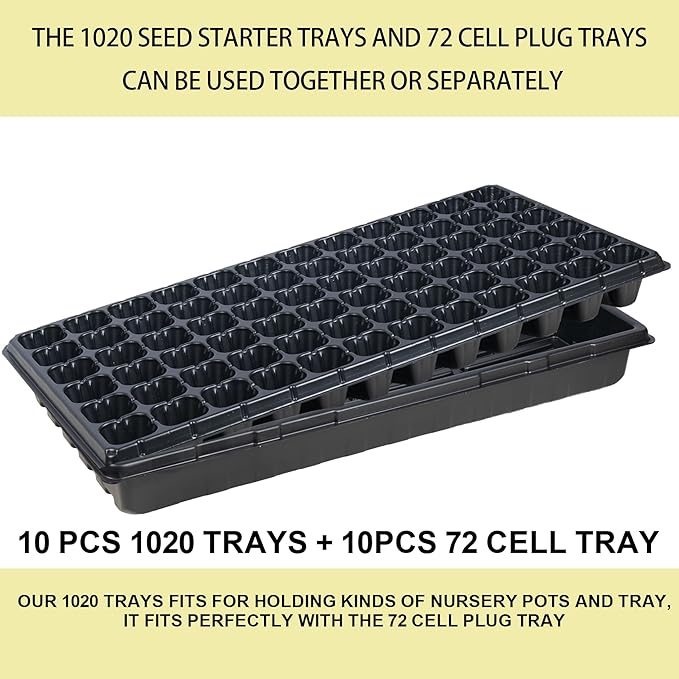 Hourleey 20 Pack Trays Include 10 Pack 1020 Seed Starter Trays and 10 Pack 72 Cell Plug Trays, Thick Durable Plastic Plant Nursery Tray, Propagation Tray for Seedlings Microgreens Fodder Plant