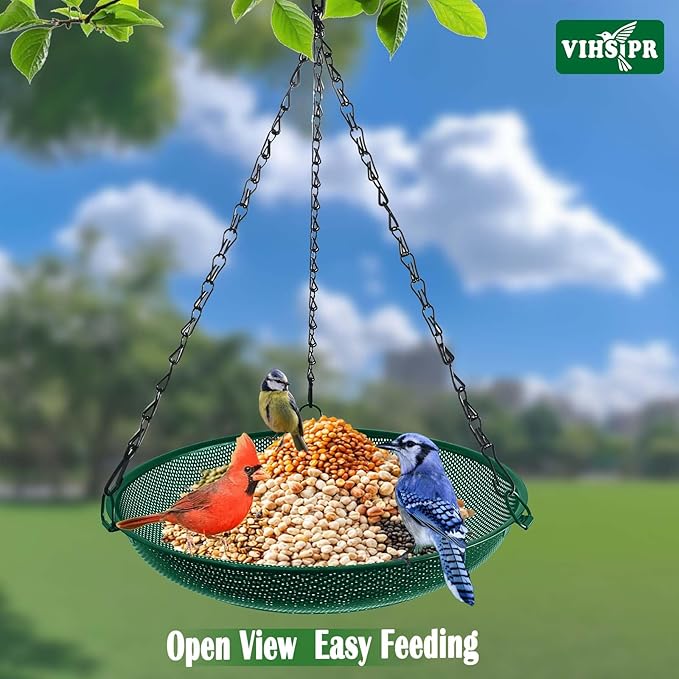 Platform Hanging Bird Feeder for Outdoors – Metal Mesh Seed Tray to Attract Wild Birds, Round 12 in, Green