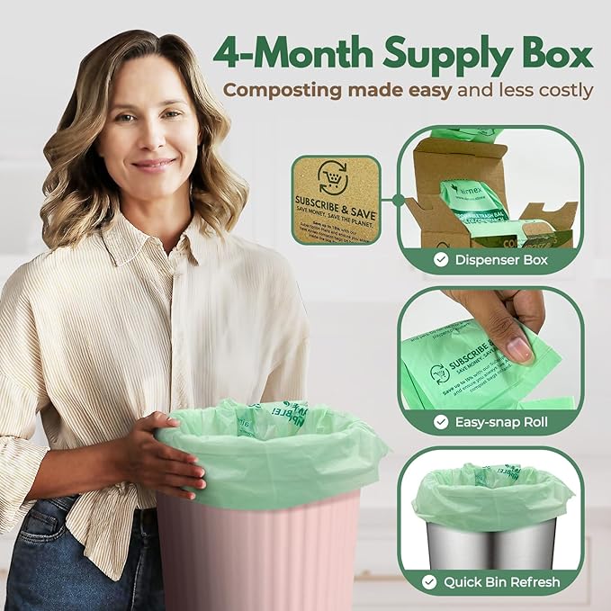 Compostable Kitchen Trash Bags 8 Gal - Cornstrarch Leakproof & Tear Resistant 50 Compost Bags - OK Compost Home & Seedling Certified 0.22 mm Kitchen Garbage Bags