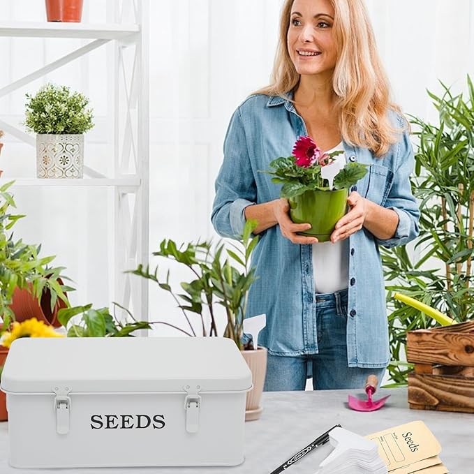 4 Dividers Seed Storage Box, Metal Seed Box Seed Storage Organizer with Safety Lock, Portable Garden Seed Bin, Professional All-in-one Kit, White