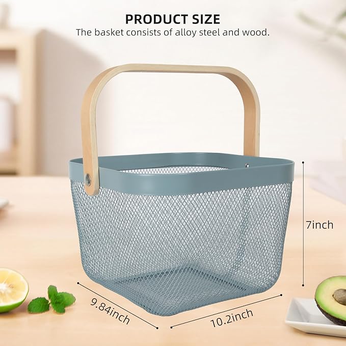 Mesh Steel Garden Harvest Basket with Wood Handle,Hanging Kitchen Baskets Outdoor Basket,Harvest Basket for Garden Vegetables,For Shopping Kitchen Bathroom Home(Blue)