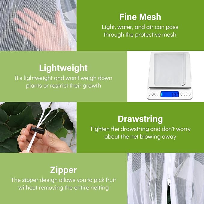 2 Pack Fruit Tree Netting Cover with Zipper and Drawstring, 6.6 x 6.6 Ft Bird Mesh Netting Barrier for Blueberry Bushes, Garden Plant Net Tree Protection Netting Cover for Apple Vegetables Fruits