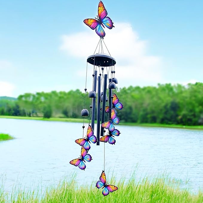 Butterfly Wind Chimes for Outside, Black Metal Windchimes Outdoors, Butterflies Gifts for Women/Men, Garden/Yard Decor, Memorial/Birthday Gifts for Grandma/Mom, Durable Chimes for Outdoors