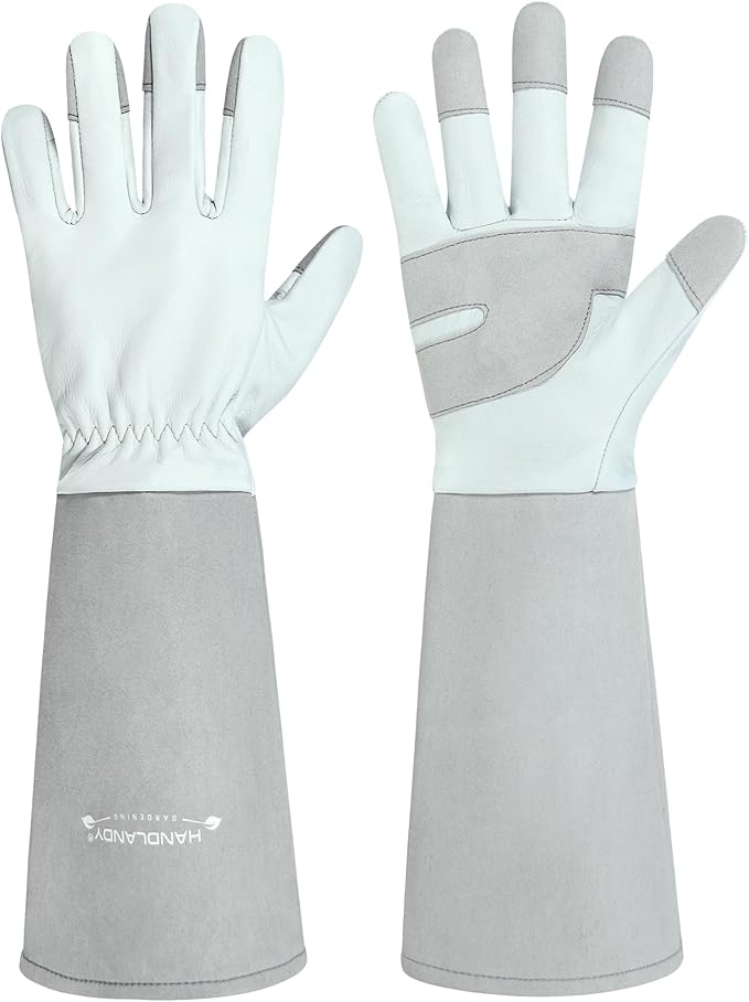 HANDLANDY Long Gardening Gloves for Men & Women, Thorn Proof Rose Pruning Gloves Leather Gauntlets Garden Glove Yard Work Glove (Silver Gray, Medium)