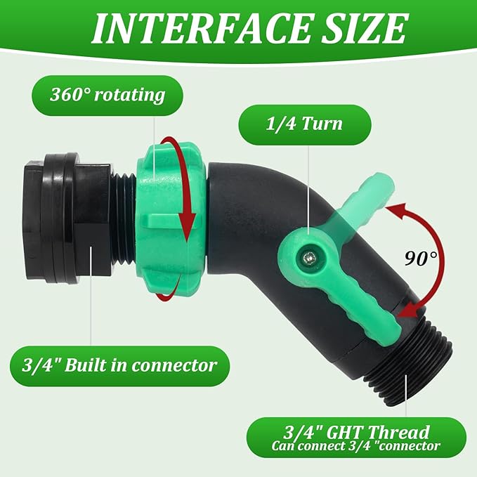 2 Pack Rain Barrel Spigot Kit, 45 Degree 3/4" GHT Heavy Duty Plastic Water Hose Shut Off Valve with Bulkhead Fitting, Garden Hose Shut Off Valve with 4 Gasket, 2 Traction Rope and Tape