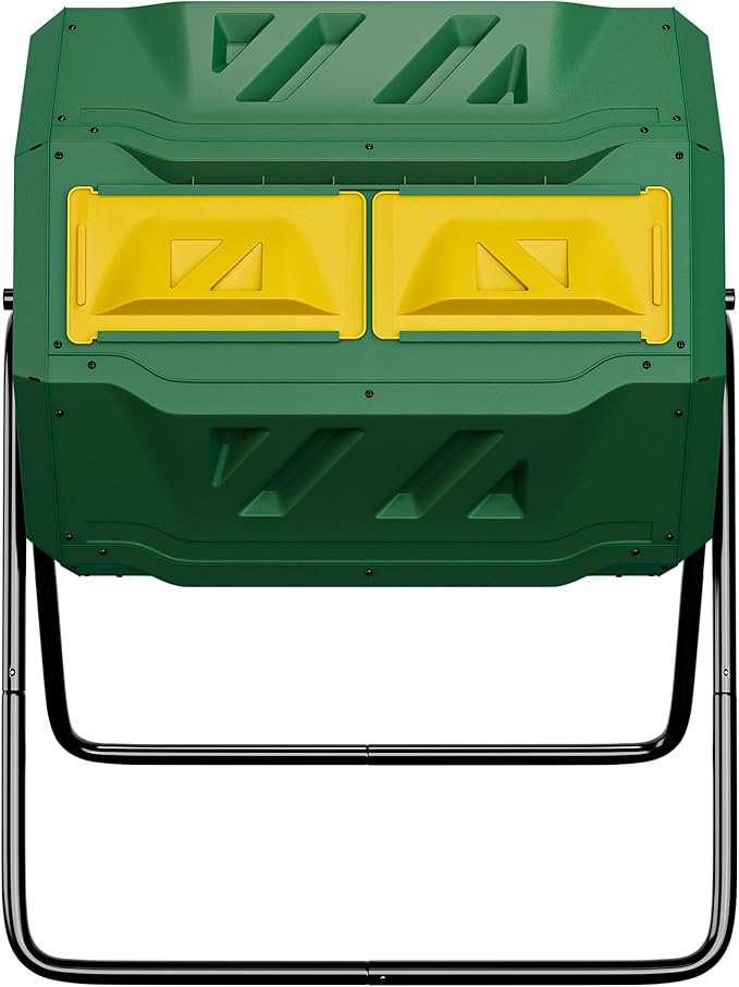 43 Gallon Large Dual Chamber Composting Tumbler Outdoor Garden Rotating Compost Bin Tumbling Composter with Sliding Door, Green