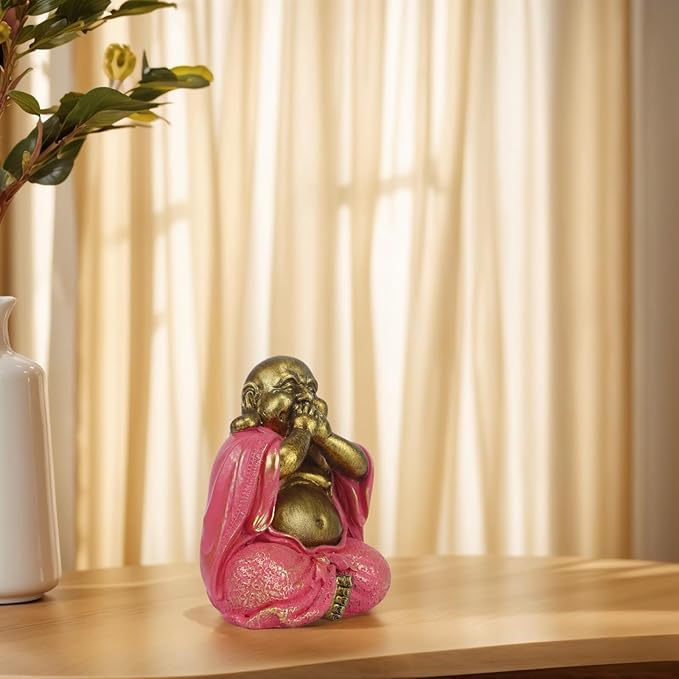 Laughing Buddha Statue - Gold Small Buddha Statues with Three Color Clothes for Home Decor (No See, No Speak, No Hear) - House Decor, Meditation & Feng Shui Gift (5.5 * 4.7 * 6.7") (Pink)