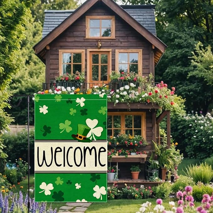 St Patrick's Day Garden Flag 12x18 Inch Double Sided Burlap Welcome Shamrock Leprechaun Hat Green Clover Pattern Outdoor Yard Decor