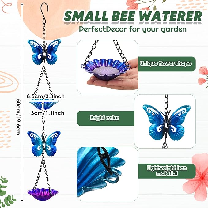 Tandefio Bee Watering Station for Garden Bee Butterfly Feeder Hanging Bath Bowl with Vivid Flower Design 15.75 x 2.56 Inch Colorful Metal Cups for Outdoor Yard Garden Decoration Gifts