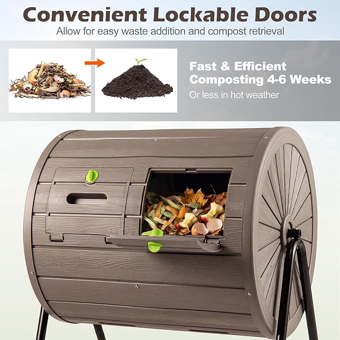 Goplus Compost Tumbler, 37.5 Gallon Large Outdoor Compost Bin w/Dual Chambers, 2 Lockable Doors, Efficient 360° Rotating Batch Composter for Garden Yard Farm Waste, Easy Assembly, BPA-Free (Coffee)