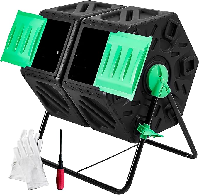 YITAHOME Large Outdoor Dual Chamber Compost Bin, 37 Gallon Rotating Composter Tumbling with 2 Sliding Doors and Aeration System, Garden Compost Tumbler (2x18.5 Gallon,Green)