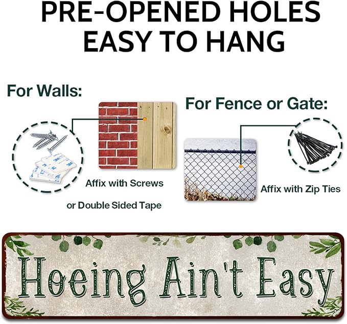 Rustic Tin Sign Hoeing Ain't Easy Gardening Garden for Toilet Restroom Home Decor Gifts 4x16 inch