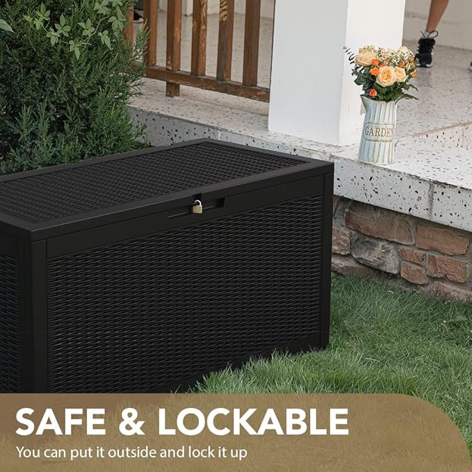 Devoko 95 Gallon Deck Box Large Resin Outdoor Storage Box, Waterproof and UV Resistant Lockable for Outdoor and Patio, Large Storage Cabinet for Patio Furniture, Garden Tools and Pool Supplies, Black