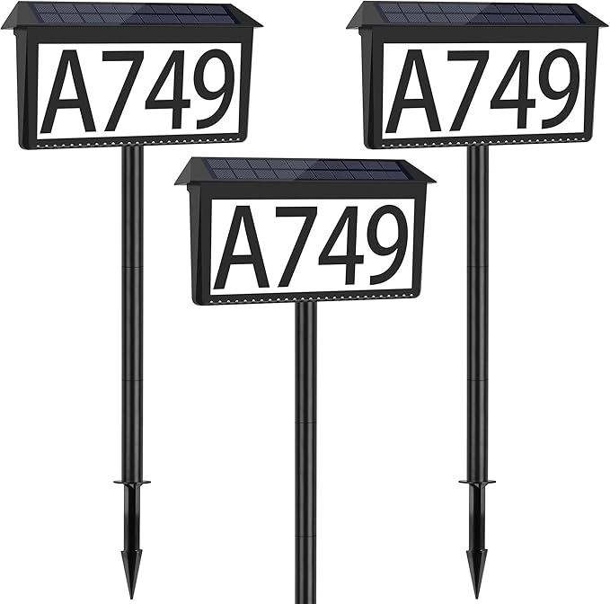 House Numbers for Outside Solar Powered, 3 Pack 3-Color LED Illuminated Solar Address Sign Plaques Waterproof with Stakes, Outdoor Lighted Home Number for Yard Garden Street