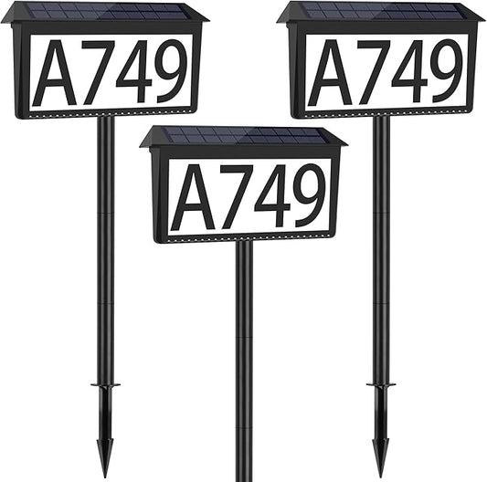House Numbers for Outside Solar Powered, 3 Pack 3-Color LED Illuminated Solar Address Sign Plaques Waterproof with Stakes, Outdoor Lighted Home Number for Yard Garden Street