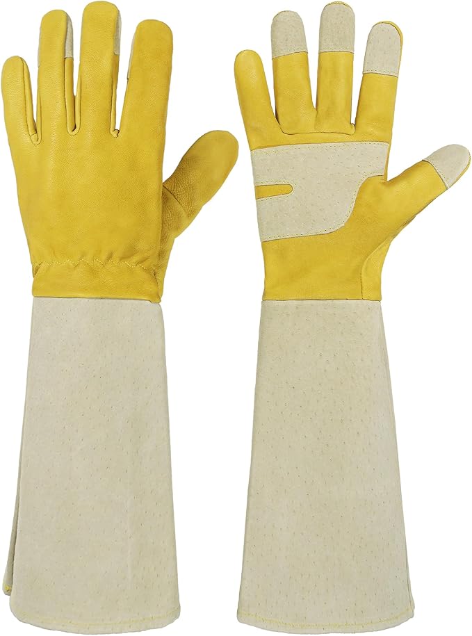 HANDLANDY Rose Pruning Gardening Gloves for Men Women, Thorn Proof Forearm Protection Leather Garden Gloves, Gardening Gifts for Gardeners (Butter Yellow, Small)