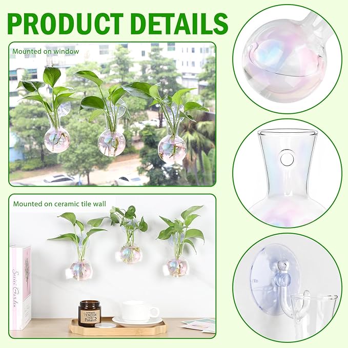 4 pcs Iridescent Window Propagation Stations, Easy to Install Plant Propagation Bulbs with Suckion Cups, No Nails Wall Hanging Planter Propagation Station, Glass Plant Terrarium Vase