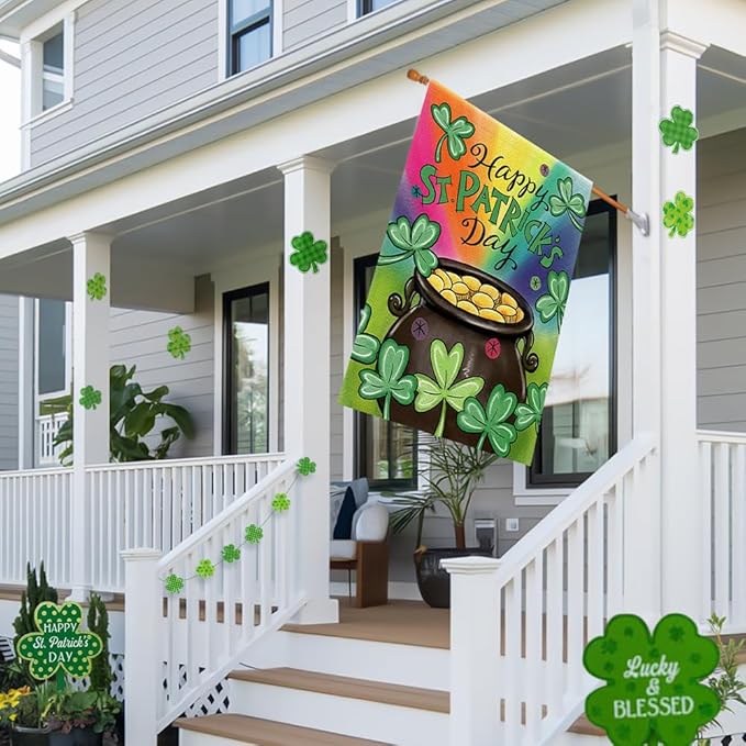 Happy St Patrick's Day House Flag 28x48 Inch Double Sided Burlap, Green Lucky Clovers Shamrock Gold Coin Sign for Farmhouse Yard Outdoor Decor DF430-28
