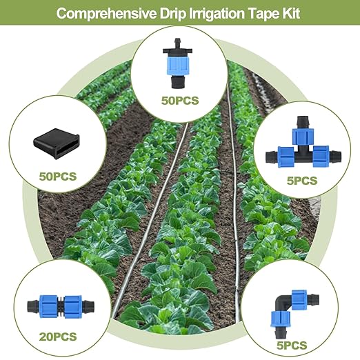 1640 ft 5/8" Drip Irrigation Tape Kit 15 mil Emitter Spacing 6" Flat Drip Tape with 140 PCS Drip Tape Connectors Automatic Irrigation Equipment for Garden Irrigation Emitter Flow:0.79 GPH
