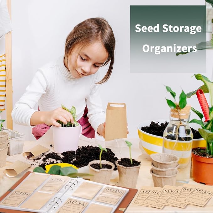 Mkway Garden Seed Storage Organizer Binder - 150 Resealable Seed Envelopes Brown Shell with 40 Sheet Protectors for Efficient Seed Packet Organization - Green