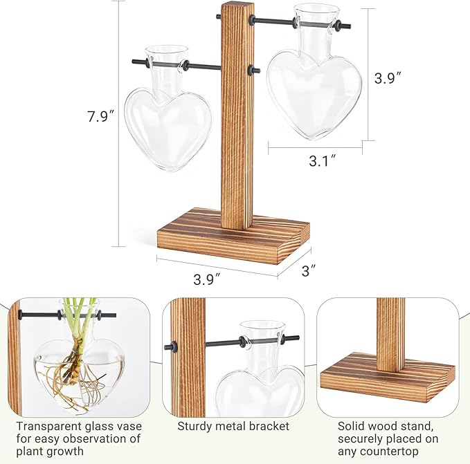 Mkono Heart Shaped Propagation Station with Wood Stand, Glass Hydroponic Planter Desktop Plant Terrarium for Home Office Decor, Gifts for Plant Lovers - 2 Love Bulb Pot Vase