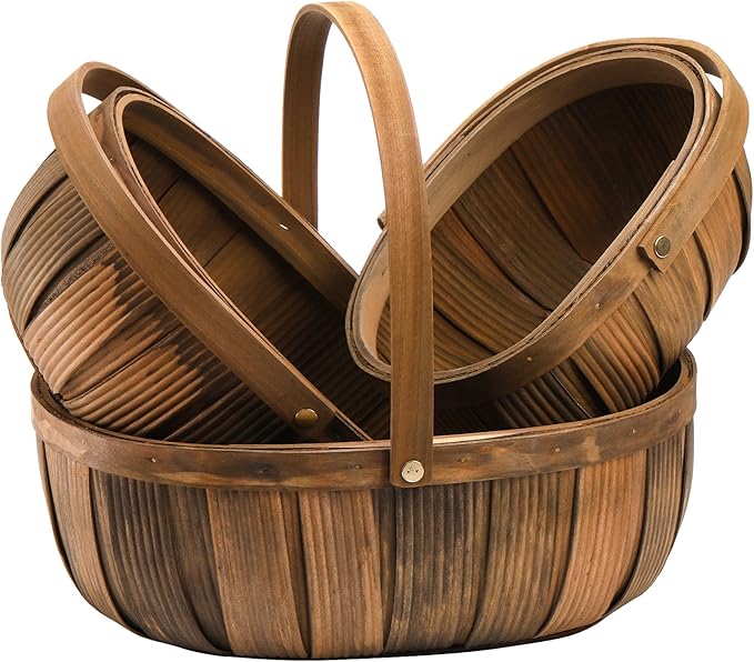 Lawei 3 Pack Wooden Bread Baskets, Wood Chip Picnic Basket with Handles, Handmade Woven Fruits Vegetable Storage Serving Basket Holder, Gift Packing Woven Basket, Flower Girl Baskets for Wedding
