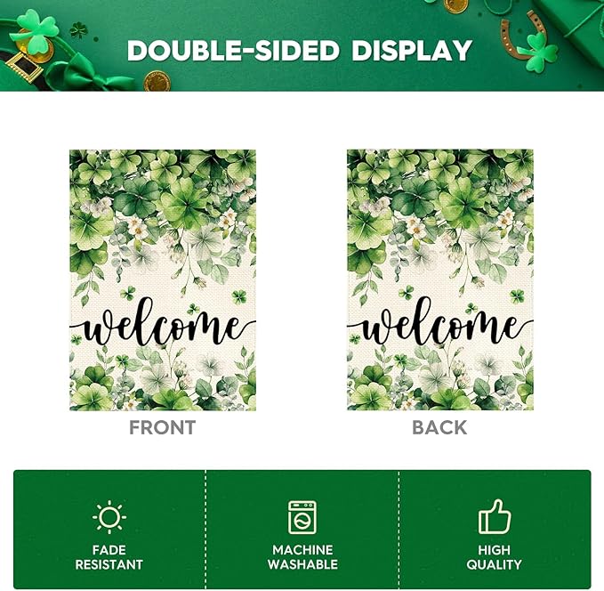 AVOIN colorlife St Patricks Day Floral House Flag 28x40 Inch Double Sided Outside, Shamrock Lucky Clover Welcome Yard Outdoor Flag