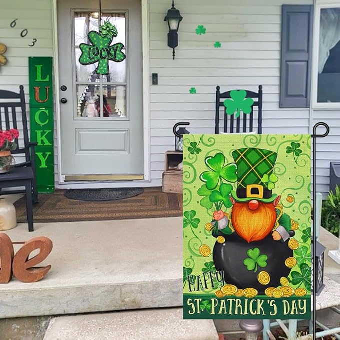 Happy St Patricks Day Gnome Garden Flag Burlap 12x18 Double Sided, Green Leprechaun Hat Shamrock Lucky Clover Holiday Party Sign Small Flags Yard Outdoor Decorations DF656