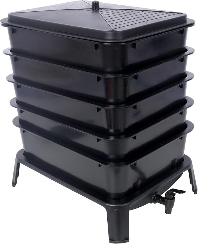 5-Layer Worm Bin with Worm Farm Kit, 50L Worm Composter Indoor & Outdoor with A Tap for Recycling Food Waste, Worm Castings, Easy Setup (Black, 5-Layer)