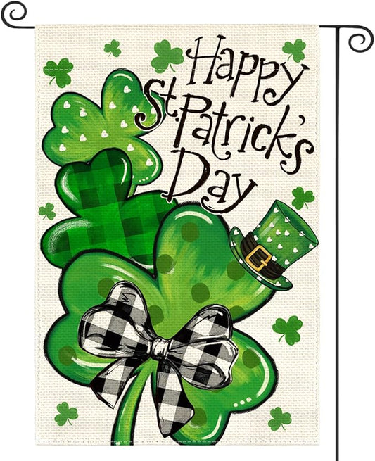 AVOIN colorlife Happy St Patricks Day Garden Flag 12x18 Inch Double Sided Outside, Lucky Shamrocks Clovers Holiday Yard Outdoor Flag