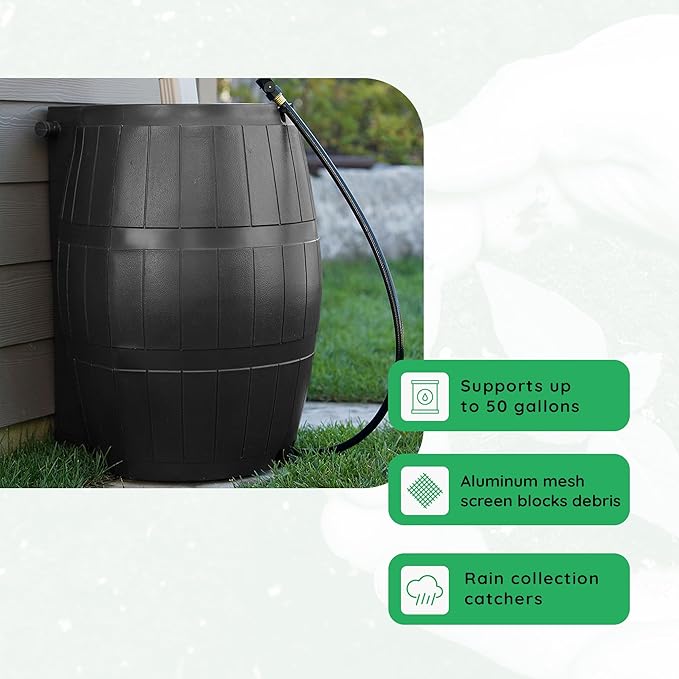 FCMP Outdoor Raincatcher 4000 Rain Barrel, Flat-Back Rainwater Catcher with Spigots, 50 Gallon, Black - Portable Water Storage Container Tank for Home, Garden, and Backyard
