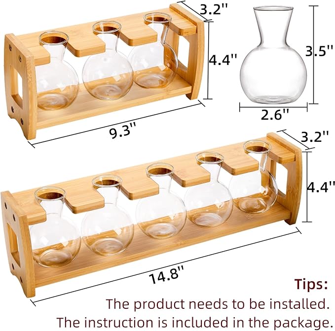 2 Pack Propagation Stations with Bamboo Stand, 8 Bulbs Desktop Water Plant Terrarium Vase, Retro Plant Propagation Jars for Indoor Plants, Glass Planter Gifts for Home Office Table Decor