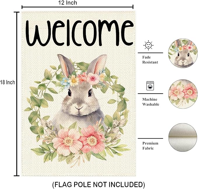Happy Easter Wreath Bunny Garden Flag 12x18 Inch Double Sided, Easter Holiday Yard Outdoor Decoration, Outside Farmhouse Holiday Decors for Spring