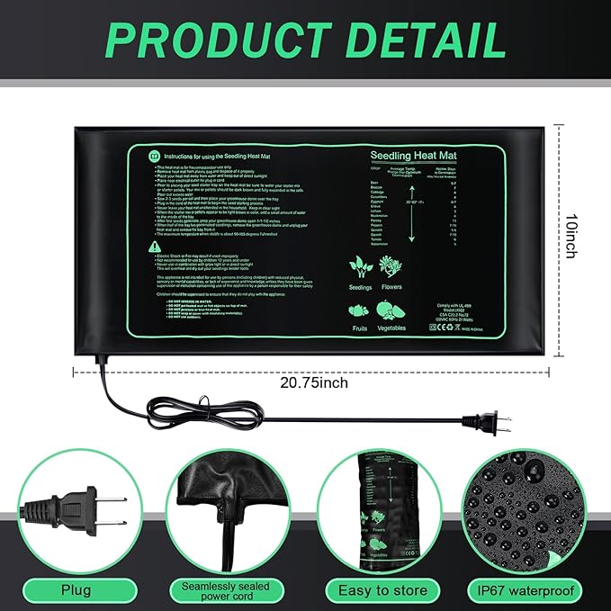 ROCEEI 6 Pack Durable Seedling Heat Mat 10 x 20.75 Waterproof Plant Heating Pad Warm Hydroponic Grow Mat for Greenhouse Grow Seed Starting Plant Germination (Black,Green)