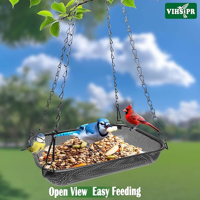 Platform Hanging Bird Feeder for Outdoors – Metal Mesh Seed Tray to Attract Wild Birds, Rectangle 12 x 8 in, Black