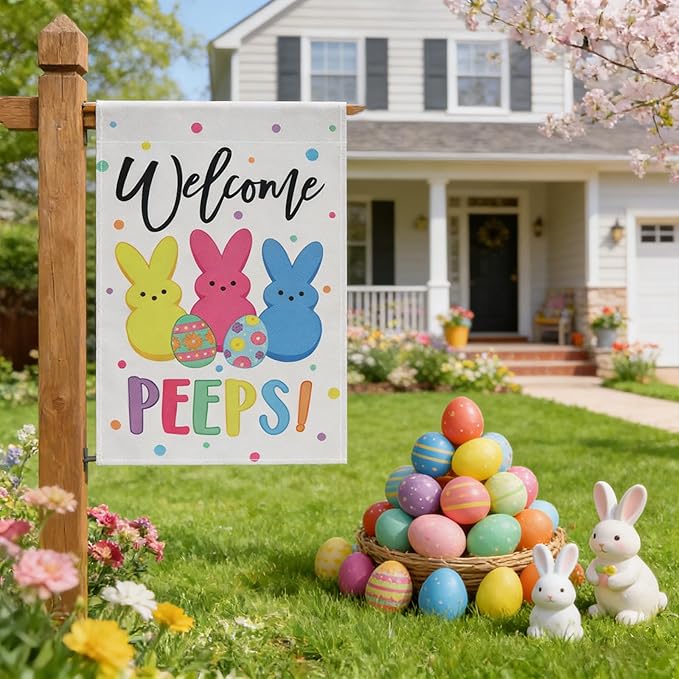 Easter Garden Flags Decors,12x18 Inch Vertical Double Sided Easters Bunny Eggs Yard Decorations Outdoor Anniversary Front House Lawn Outside Decor Garden Flag