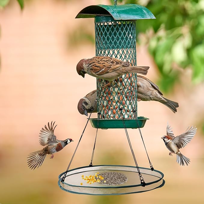 2pcs Bird Feeders for Outdoors, 16 Inch Bird Feeder Tray Large with 8 Hanging Ropes Hanging Mesh Seed Tray Platform for Yard Garden Backyard (Green)