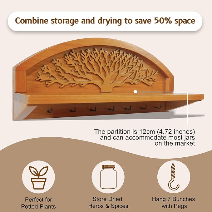 Hanging Herb Drying Rack - Artistic Life Tree Design. Space-Saving Kitchen Flower Dried Grass Display,Holds 7 Bouquets. For Witches & Gardeners Gifts for Crafters, Wall Art Décor