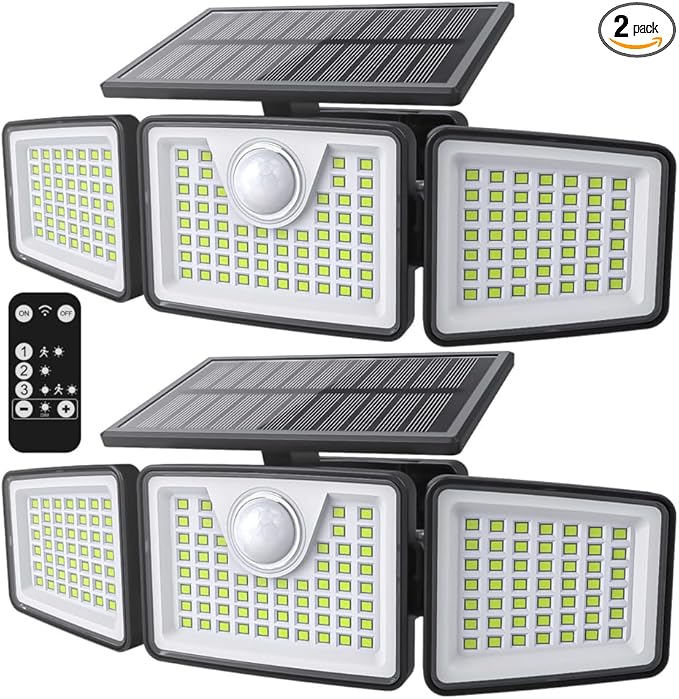 2500LM Solar Lights Outdoor with Motion Sensor,3 Head 270° Wide Angle Street Area Lights,IP65 Waterproof Security Lighting with 3 Modes(Remote,2 Pcs)