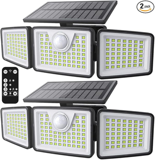 2500LM Solar Lights Outdoor with Motion Sensor,3 Head 270° Wide Angle Street Area Lights,IP65 Waterproof Security Lighting with 3 Modes(Remote,2 Pcs)