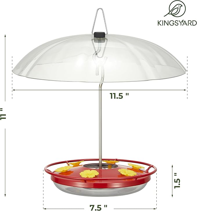 Kingsyard 12 oz Hummingbird Feeder with Rain Guard Dome, Leak-Proof Saucer Nectar Feeder for Outdoors Hanging, Built-in Ant Moat & 6 Bee-Proof Ports, Easy to Refill & Clean, Red