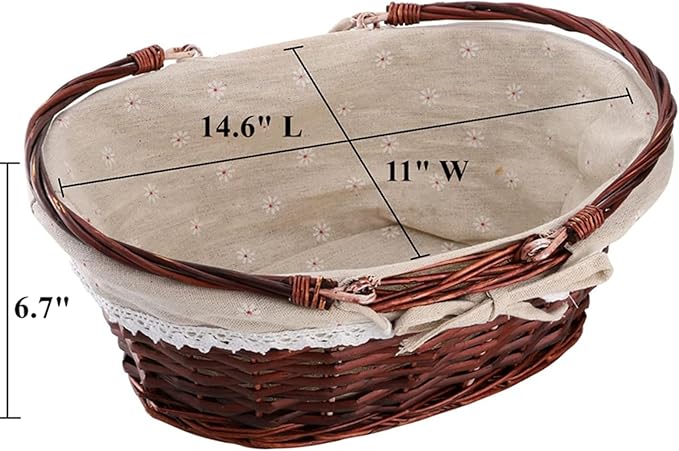 Dicunoy Wicker Basket with Handle, Picnic Baskets with Liner, Empty Gift Gardening Baskets for Harvesting, Willow Organizer Storage Basket for Fruit, Candy, Wine, Gathering, Wedding