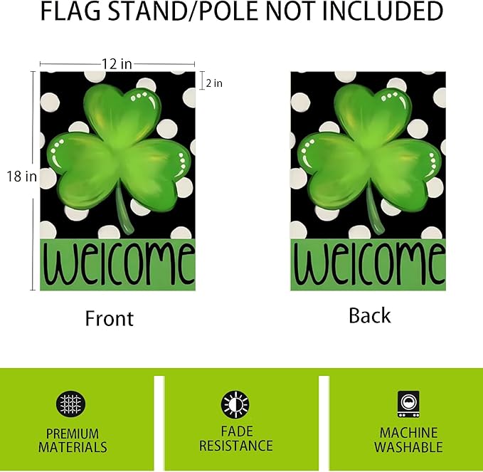 St Patricks Day Shamrock Garden Flags 12x18 Inch -Double Sided Heavy Duty Small Shamrock Yard Flags UV protection Fade Resistant for Holiday Decoration Outdoor