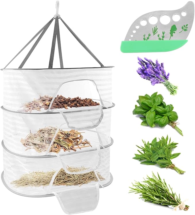Herb Drying Rack 3 Layer Hanging Mesh Net, 2pcs/Set Herb Dryer Hanging Rack with Herb Stripper, Foldable Hanging Mesh Dryer for Buds, Fruits, Vegetables, Fish, Clothes, Doll(White)