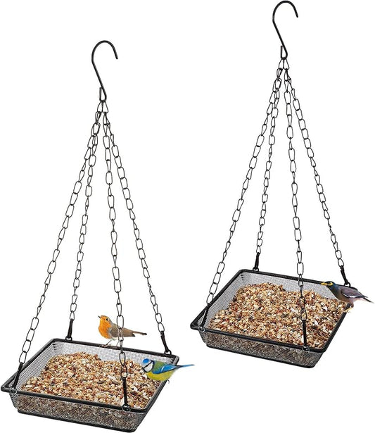 2 Pieces Metal Hanging Bird Feeder Tray, Mesh Bird Feeding Seed Tray Platform with Chains Outdoor Garden Decoration for Hanging Wild Backyard(Black)